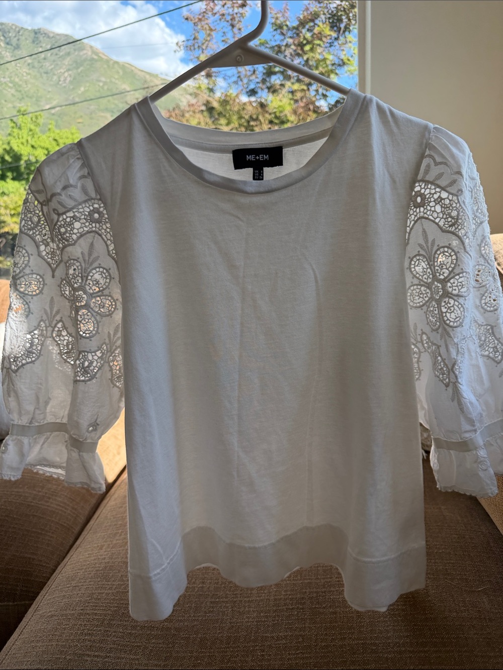 ME+EM Cream Cotton Tee with Lace Puff Sleeves